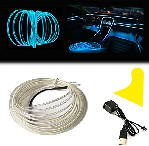 El Wire Ice Blue Interior Car LED Strip Lights, 3M Neon Wire USB 5V with Fuse Protection for Automotive Interior Decoration, with 6mm Sewing Edge