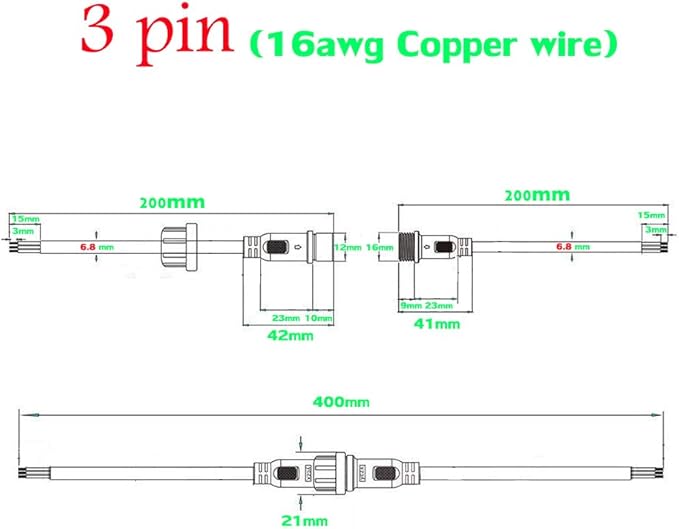 Waterproof Connector 3wire, 16AWG Male Female Plug LED Connector with 3Pin Waterproof Connectors IP68 20CM Extension Cable for Indoor/Outdoor LED Strip Lights.(5Pairs)