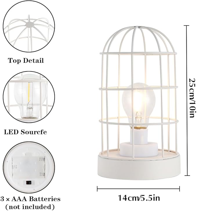 JHY DESIGN 6PCS Battery Operated Lamp 10''H Decorative Table Lamp Metal Cage Cordless Lamps with LED Bulb for Home Decor Living Room Bedroom Kitchen Wedding Patio Indoor（White）