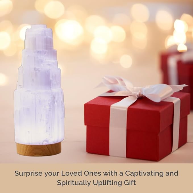 Wish Well Large Selenite Lamp with 7 Color LED Wooden Base - 8" Selenite Tower Healing Crystals for Zen Decor, Spiritual Room Decor, Energy Healing, and Protection