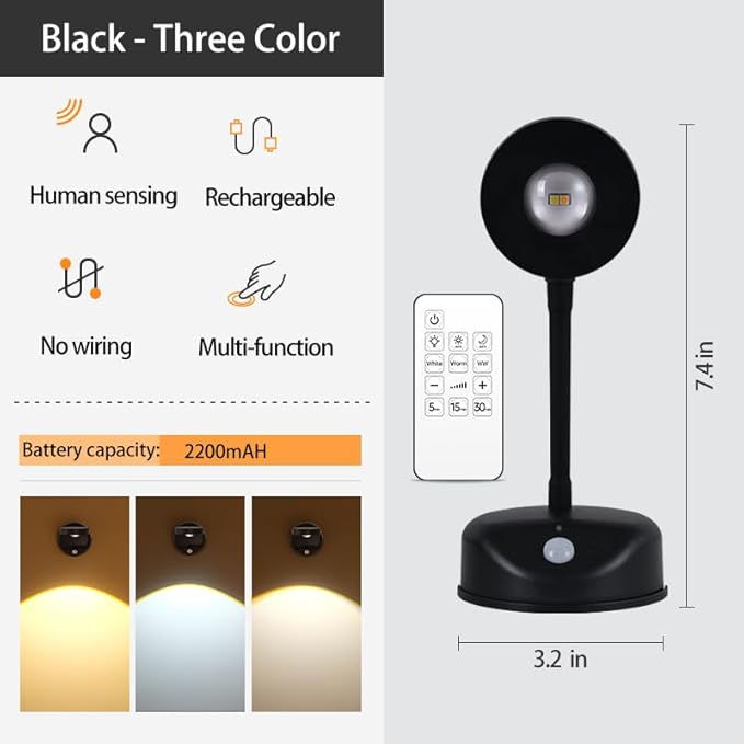 2200mAh Motion Sensor Picture Spotlight Painting Light, LED Wall Sconce, Night Light Lamp, Rechargeable Battery Operated 3 Color & Dimmable Magnetic 360° Rotation with Remote (Black, 1 Pcs)