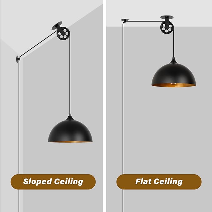 Modern Plug in Pulley Black and Brass Domed Pendant Light with 19.4ft Cord On/Off Switch, Retro Metal Barn Hanging Ceiling Lampshade for Farmhouse Kitchen Island Bedroom Hallway (2 Pack)