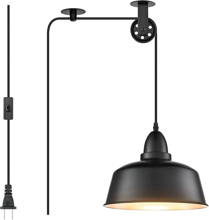 Plug in Pendant Light, Farmhouse Hanging Lights with Plug in Cord, Pulley Hanging Lamp, Black Industrial Pendant Lights Fixture for Kitchen Island, Bedroom, Dining Room, Living Room, Office