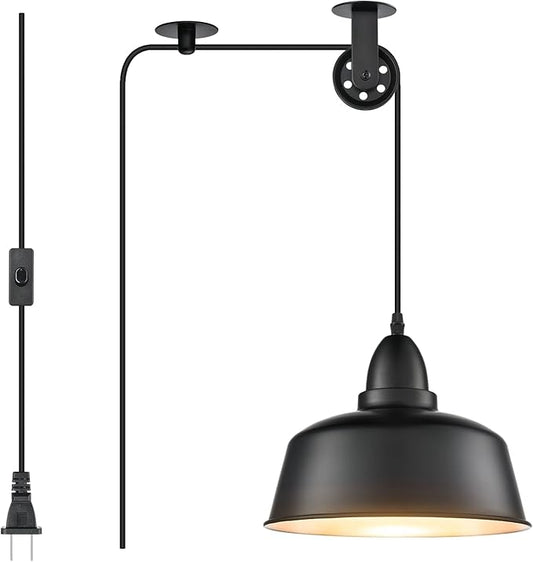 Plug in Pendant Light, Farmhouse Hanging Lights with Plug in Cord, Pulley Hanging Lamp, Black Industrial Pendant Lights Fixture for Kitchen Island, Bedroom, Dining Room, Living Room, Office
