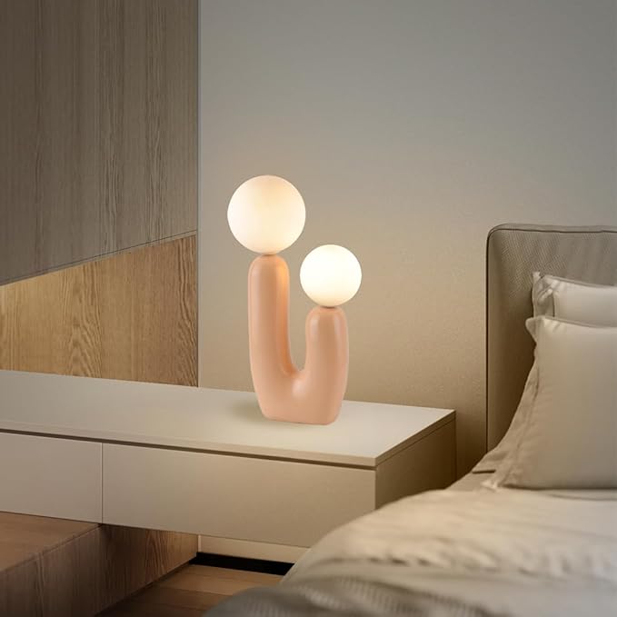 Nordic Pink Cactus Table Lamp - Creative Resin Aesthetic Milk White Globe Glass 2 Lights for Bedroom, Living Room, Children's Room, Home Decor