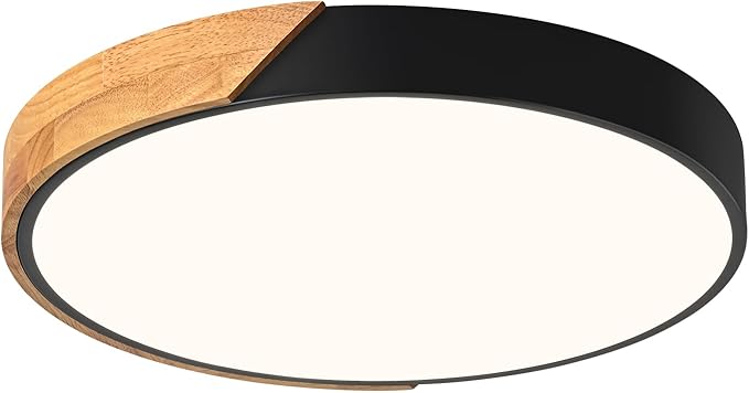 Vikaey Modern LED Ceiling Light, Minimalist Wood Flush Mount Ceiling Light Fixture, 4000K Not Dimmable, Circle Lighting Lamp with Acrylic Lampshade for Bedroom Dining Room Laundry (Black,15.8")