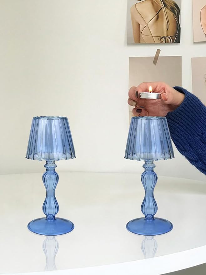 Desk Lamp Shaped Glass Candle Holder - Glass Hurricane Candleholder Crystal Decorative Candle Stand for Table Wedding Dinning Centerpieces Party Supplies Decor NavyBlue