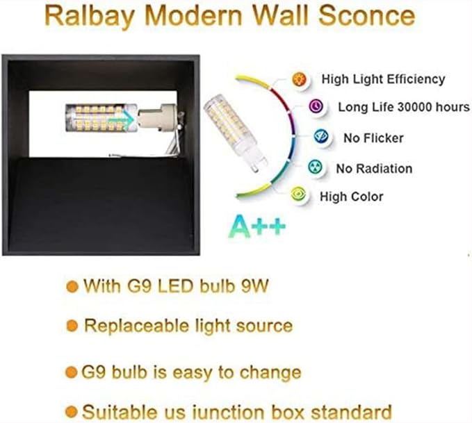 Ralbay Black Wall Sconce 2-Pack 9W Aluminum Up and Down Lighting Modern Black Wall Light Fixtures for Indoor Living Room Bedroom Hallway, with LED G9 Bulb (Warm White Light, 3000K)