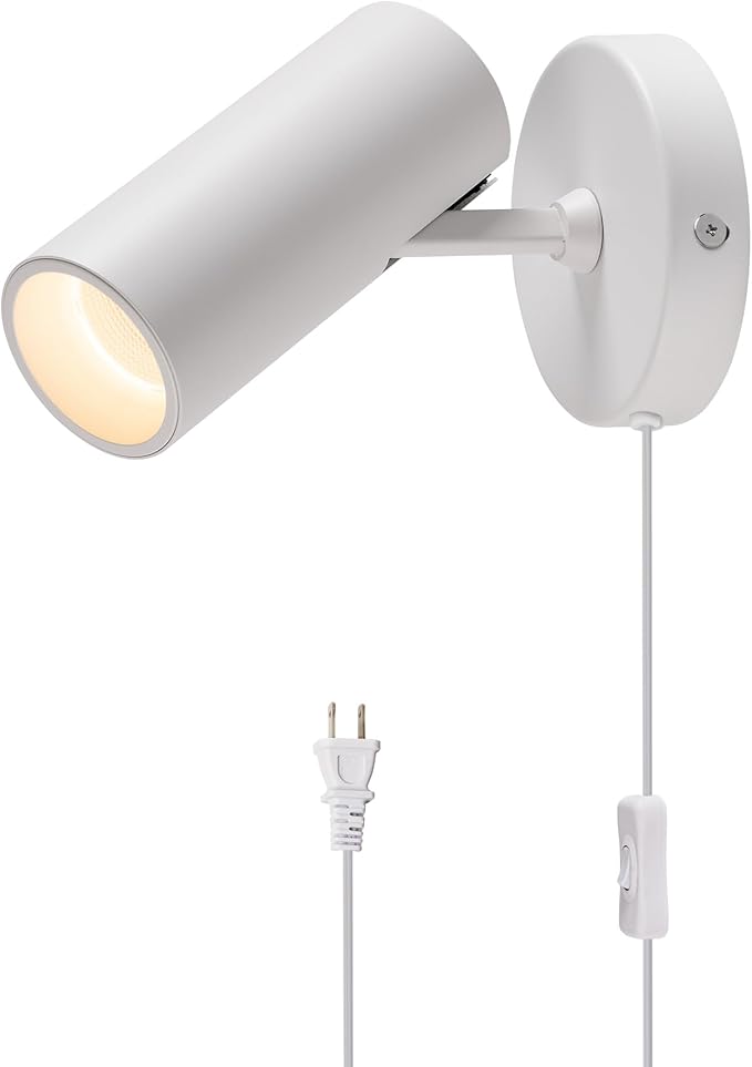 Aisilan LED Adjustable Wall Spotlight, 12W Plug-in Wall Sconce, Directional Uplight with On/Off Switch, Aluminum Spot Light Warm White 3000K COB CRI≥97, for Art Floor Ceiling Lighting, White