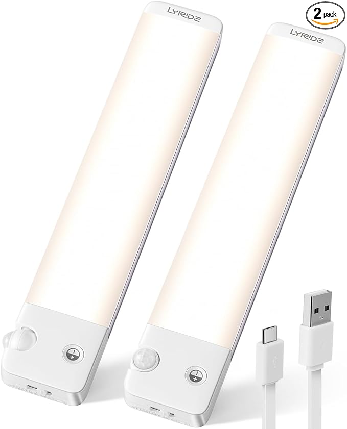 Lyridz Rechargeable Under Cabinet Lights with 90 Degree Adjustable Motion Sensor, 1500mAh Wireless LED Closet Lights, 1-120LM Stepless Dimmable Night Light for Kitchen and Wardrobe, 2-Pack