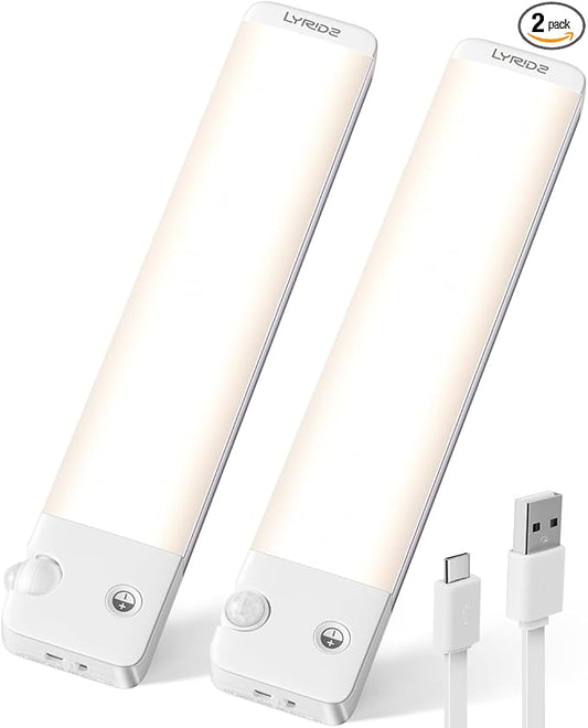 Lyridz Rechargeable Under Cabinet Lights with 90 Degree Adjustable Motion Sensor, 1500mAh Wireless LED Closet Lights, 1-120LM Stepless Dimmable Night Light for Kitchen and Wardrobe, 2-Pack