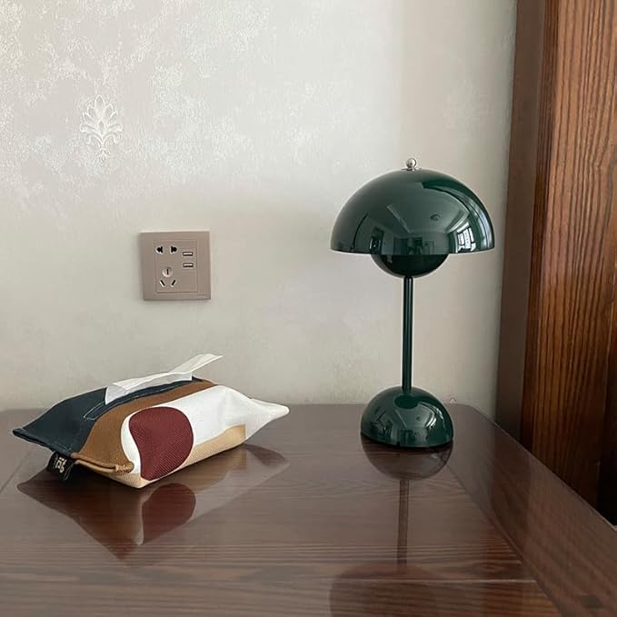Modern Flower Bud Lamp 12" Cordless Touch Lamp Dimmable 2600mAh Rechargeable Desk Lamp Nordic Minimalist Mushroom Lamp Nightstand Bedside Lamp for Bedroom Living Room(Dark Green) No Reading Light