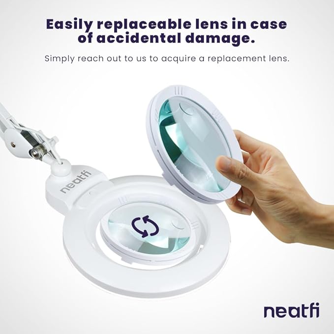 Neatfi XL Bifocal LED Magnifying Lamp – 7” Acrylic Lens, 5D/20D Magnification, 1,600 Lumens, Dimmable with 3 Light Modes, Adjustable Arm & Clamp, Lamp for Reading, Crafting (White, CCT with Clamp)