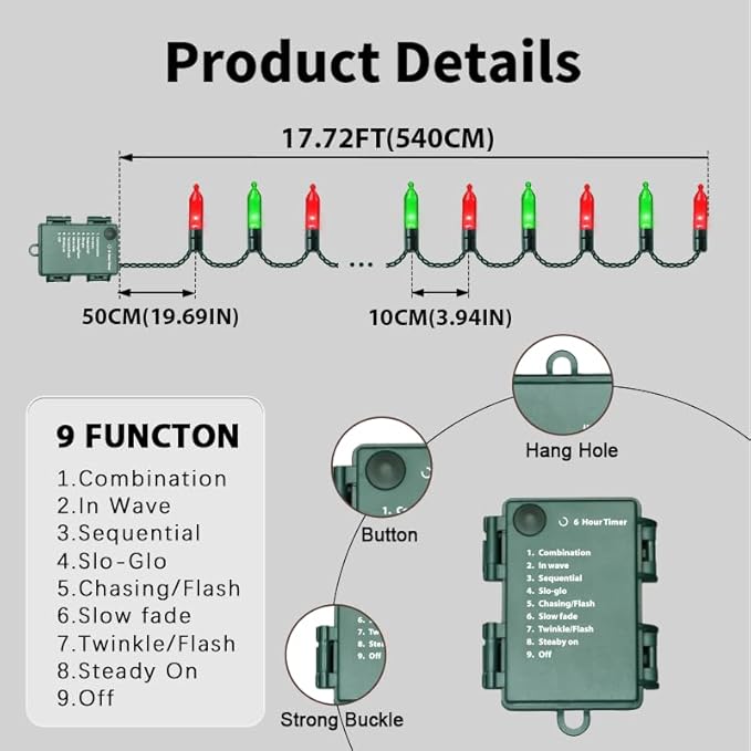 LAMPHOME 50 LED Outdoor Christmas Lights, 16 FT Mini String Light with 9 Modes & 6 Hour Timer, Waterproof Battery Operated for Indoor Outdoor Patio Garden Party Tree Decoration, Red Green