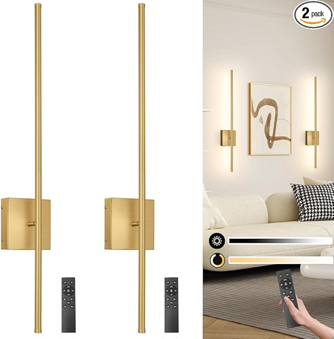 15000mAh Battery Operated Wall Sconce Set of 2, Brass USB Rechargeable Wall Sconces, Dimmable Gold Cordless Wall Sconces with Remote Control, LED Wireless Wall Light Lighting Time 24-120 Hours