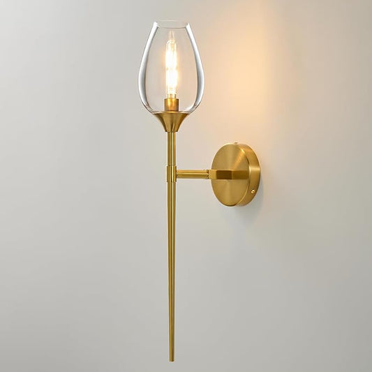 Gold Glass Wall Sconce Light: Modern Decorative Sconces Lights Over Mirror - Vintage Brushed Brass Bathroom Vanity Lighting with Flower Shade - Indoor Glass Wall Mount Lamp for Bedroom Living Room
