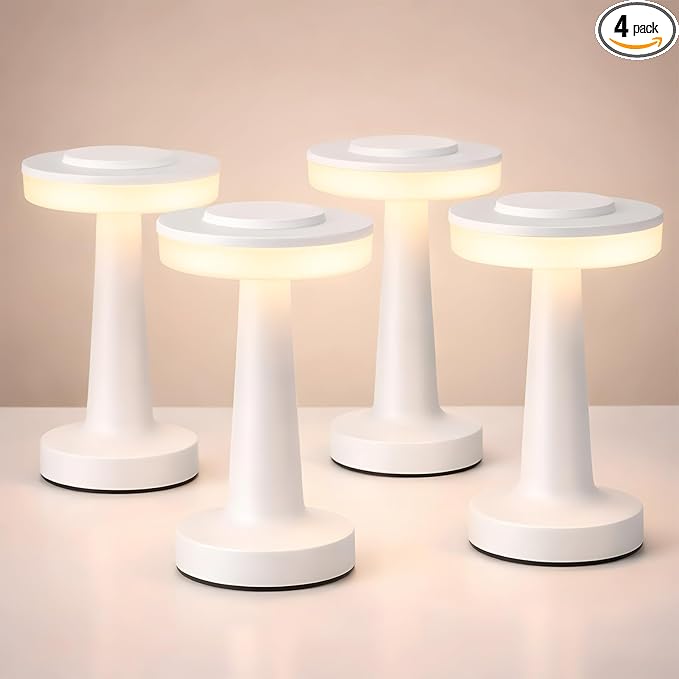 Riakrum 4 Pcs LED Portable Cordless Table Lamp with Touch Sensor 3 Color Stepless Dimming Rechargeable Battery up to 15 Hours Cordless Table Light Wireless Lamp for Nursery (White)