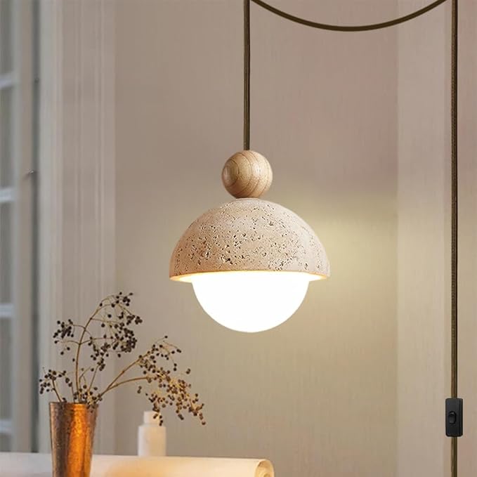 Plug In Wabi Sabi Pendant Light Japanese Retro Vintage Style Spherical Natural Stone Yellow Travertine Hanging Lamp Plug In For Girl's Room Kitchen Island Dining Room Bedroom G9 Light Mini Cement