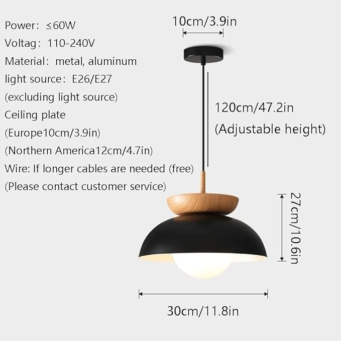 Scandinavian Modern Nordic Pendant Light with Wood Accent, Metal Dome & Frosted Globe Diffuser Suspension for Dining Table, Kitchen Island, Bedroom, Café and Entryway(Dark)