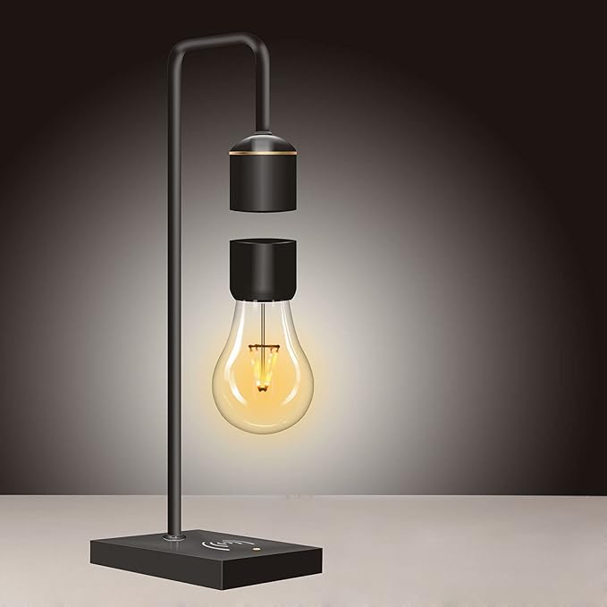 Unique Modern Levitating Lamp with Floating Light and Built-in Qi Wireless Charger, Simplistic and Innovative Design, Warm Decorative Night Light (Black Bulb)