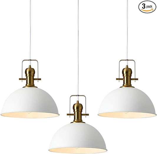 12 Inch Sandy White Farmhouse Pendant Lights for Kitchen Island Industrial Adjustable Height Vintage Dome Hanging Light Fixtures for Barn,Dining Room 3 Packs