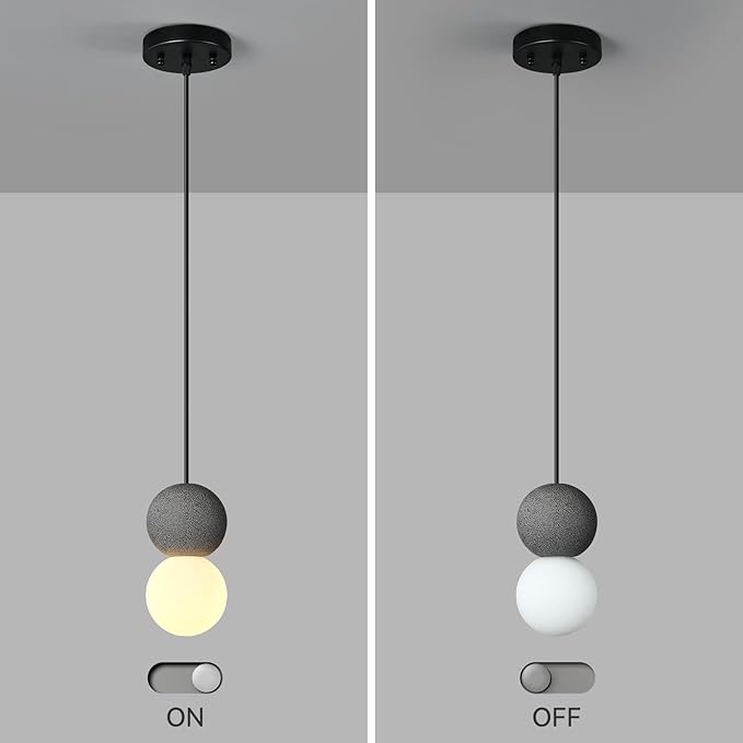 Modern Black 1-Light Concrete Pendant Light Kitchen Island Ceiling Light Fixture White Glass Globe Ball Pendant Lighting for Dining Room Coffee Club Resturant Bar Living Room(2-Pack)