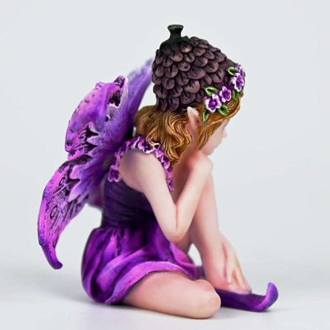 Fantasy Pinecone Hat Purple Flower Fairy Figurine, 8cm Purple Wings Elf Statue, Hand-Painted Resin Decor for Mini Fairy Garden, Desk & Plant Pot