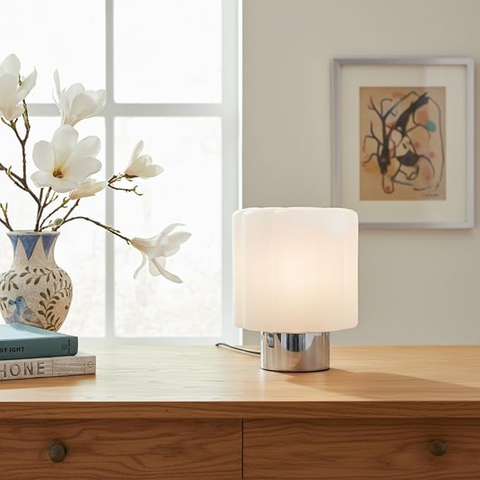 Brightech Addison LED Table Lamp – 9” Small Modern Desk Light with Fluted, Frosted White Glass Shade, Chrome Metal Base - Warm Ambient Light, Decorative Ambient Lamp for Bedroom, Living Room, Bedside
