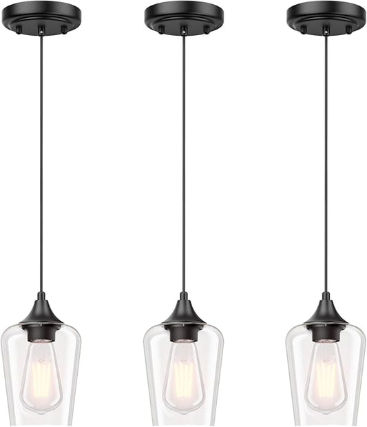 Ralbay Matte Black Industrial Pendant Light 3-Pack, Pendant Light Fixtures with Wine Clear Glass Shade, Adjustable Height for Kitchen Island, Farmhouse Dining Room Hanging Lighting Fixture