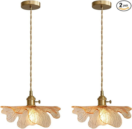 Modern Pendant Light 2 Pack Glass Pendant Lights with Hand Blown Amber Glass Shade Brass Pendant Light Kitchen Island Gold Adjustable Ceiling Hanging Light for Dining Room Bedroom