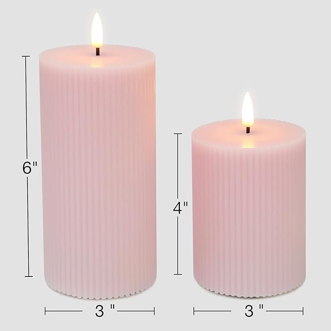 Pink Ribbed Flameless Pillar Candles with Remote, Flickering LED Wax Candles Battery Operated Set of 2