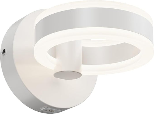 Wall Lamp LED Wall Sconce Rotatable Up-Down Sconces Wall Lighting with Built-in Switch and USB Charging Port 110 Volt AC Hardwired Wall Light (White)