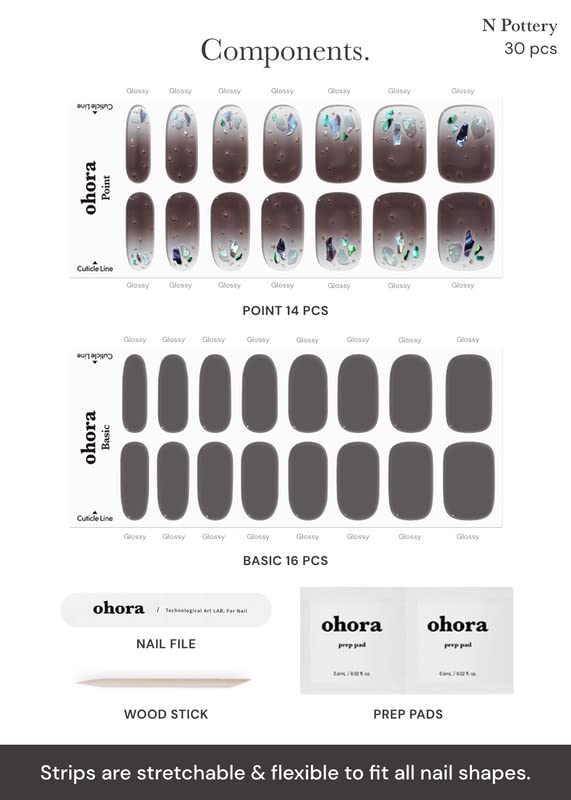 ohora Semi Cured Gel Nail Strips (N Pottery) - Dark, Ombre, Works with Any UV/LED Lamps, Salon-Quality, Long Lasting, Easy to Apply & Remove - Includes 2 Prep Pads, Nail File & Wooden Stick
