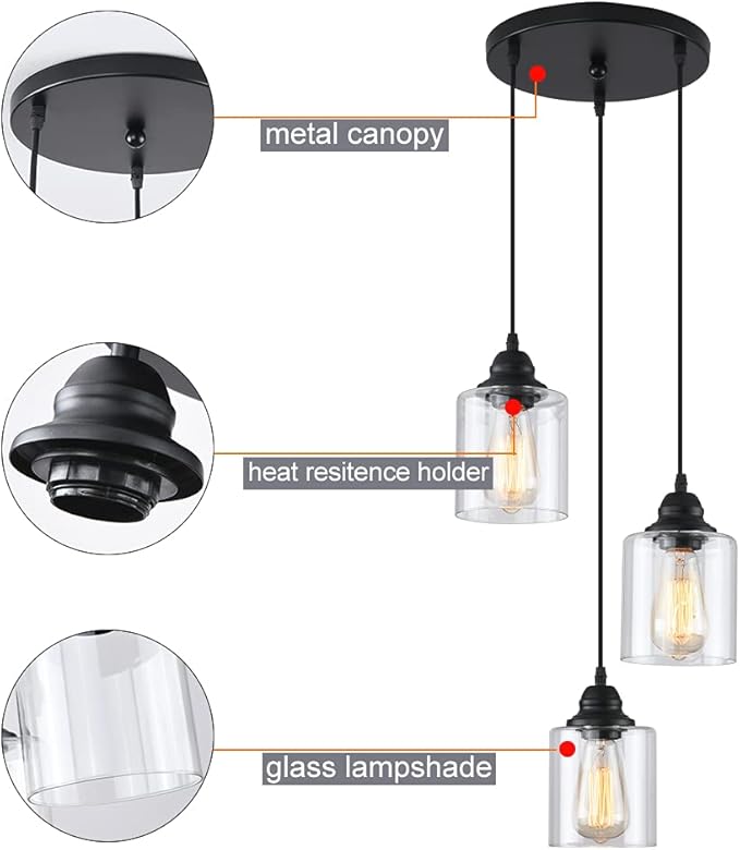 3 Lights Industrial Pendant Light with Glass Shade Matte Black Pendant Lighting Adjustable Industrial Retro Style Hanging Light,Kitchen Island Farmhouse Pendant Lights Fixtures for Kitchen,Farmhouse