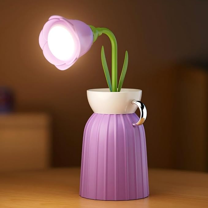 Rose Flower Desk Lamp - Infinite Dimming, Trichromatic Temperature, Rechargeable, Brightness Memory - Creative Decorative Ornaments with Adjustable Flowers (Purple)