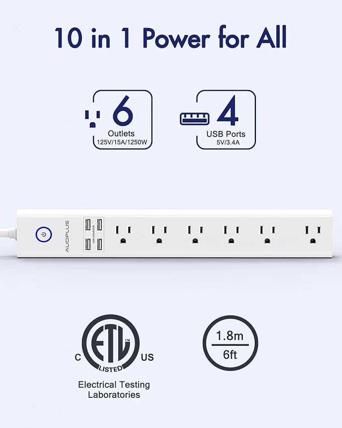2 Pack Power Strip Surge Protector Flat Plug - 6 Widely Spaced Outlets 4 USB Charging Ports, 2100J/10A with 6Ft Long Extension Cord, Overload Surge Protection, Wall Mount for Home Office