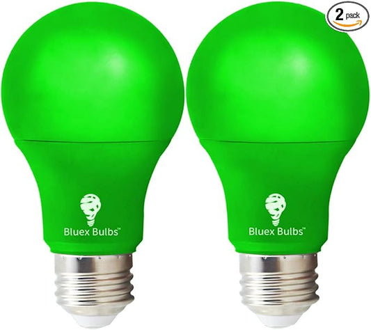 Bluex Bulbs 2 Pack BlueX LED A19 Green Light Bulb - 9W (60Watt Equivalent) - E26 Base LED Lights, Party Decoration, Porch, Home Lighting, Holiday Lighting, Decorative Illumination Bulb