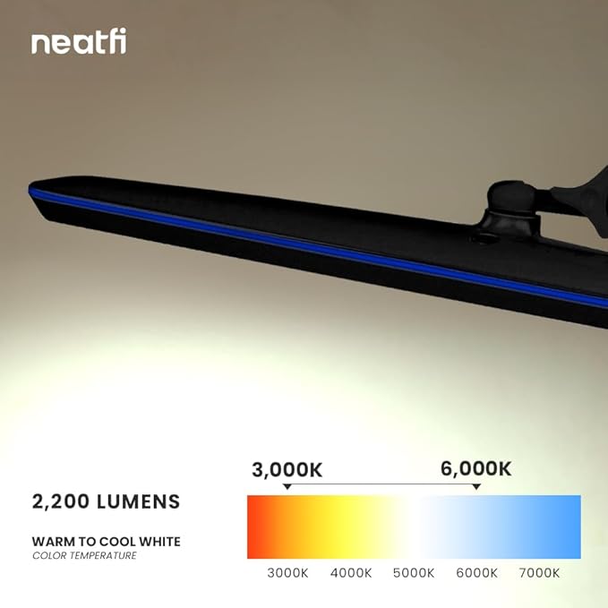 Neatfi XL 2,200 Lumens LED Task Lamp, 20W, 182 SMD LEDs, 23-Inch Ultra-Wide, 4 Brightness Levels, 3 Light Modes, Dimmable, Eye-Caring, Glare-Free (CCT with Clamp, Black)