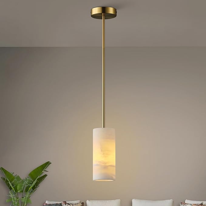 Alabaster Pendant Light for Kitchen Island, H-9.5in Modern Brass Hanging Light Fixture with Natural Alabaster Stone Shade, Adjustable Pendant Lighting Over Sink, Dining, Bar, Counter