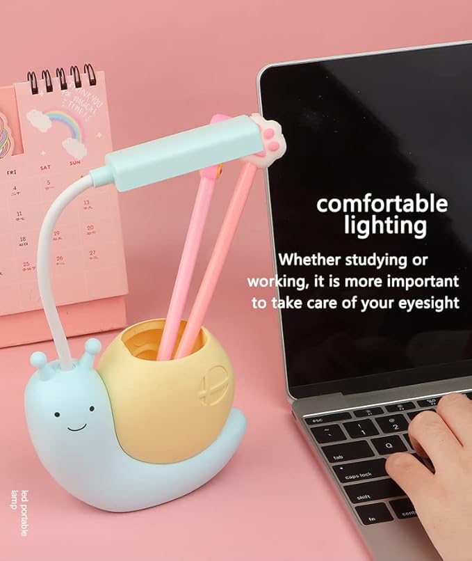 Cute Kids Lamp with Pen Holder,LED Desk Lamp for Child,Snail Shape USB Charging Student Learning Eye Protection Lamp with 360° Bendable Adjustable Neck Blue