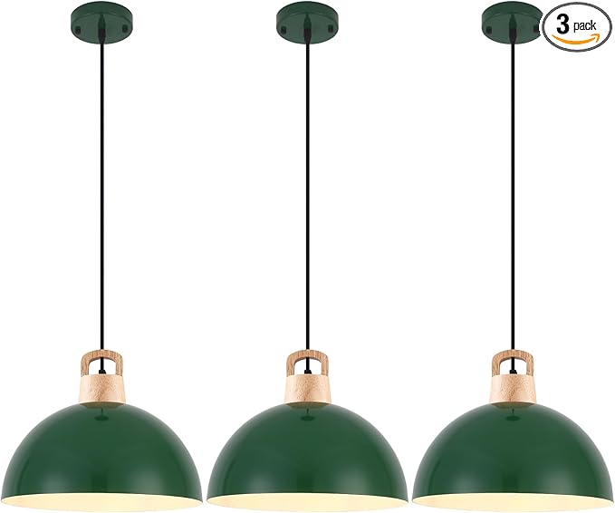 Farmhouse Pendant Light 11.8 inches, 3 Packs- Green Industrial Kitchen Pendant Lights for Library, Office, Kitchen Island, Bedroom