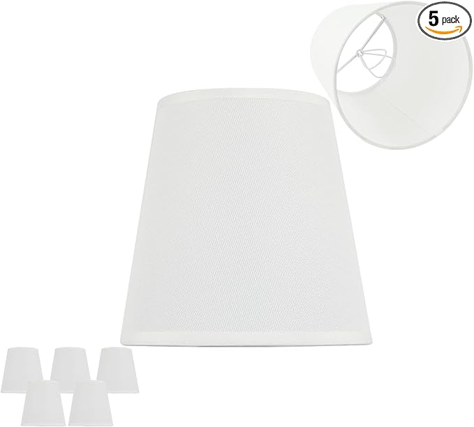 5 Pack White Chandelier Shades, 4" Top x 6" Bottom x 6" High Barrel Lamp Shade, 4.0x6.0x6.0 Inch Linen Fabric, Perfect Fit for 5-Light Pendant Light Wall Sconce, Clip On Bulb E12 Socket(Large Size)