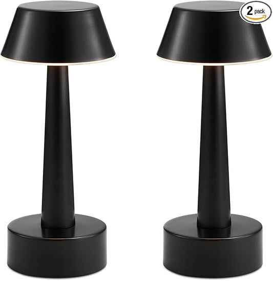 2 Pack Small Cordless Table Lamp, Battery Operated Black Lamp for Restaurant Dinner Table, Rechargeable 3-Way Dimmable Touch Light Portable Metal Night Light for Bedside Dining Room Patio Bar Outdoor