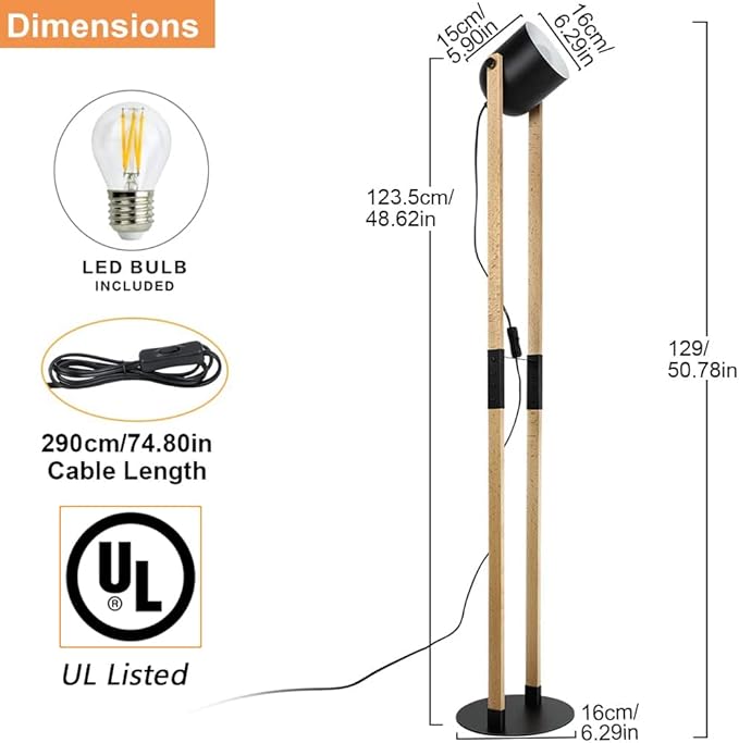 Depuley Modern Floor Lamp, Wooden and Metal Floor Lamps for Living Room, 360° Heads Rotatable Standing Light with Pressure Switch, Reading Lamp for Bedroom Office Decoration, E26 Bulb Included