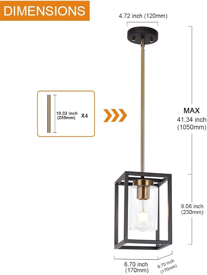 VINLUZ 1-Light Mini Lantern Pendant Light,Black and Brushed Brass Finish Farmhouse Chandelier with Clear Glass Shade Foyer Cage Hanging Ceiling Lighting for Kitchen Island Dining Room Entryway