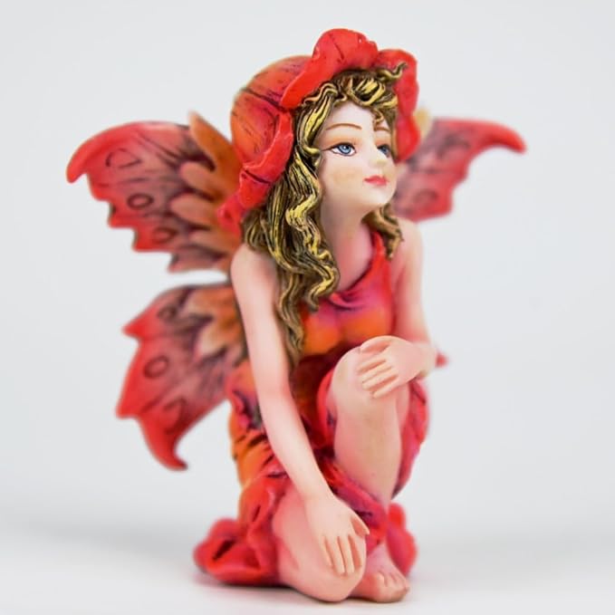 Fantasy Red Autumn Fairy Figurine, 3.15 Inch Flower Hat Elf Statue, Hand-Painted Gradient Resin Decor with Textured Wings for Fall Garden, Desk, Plant Pot