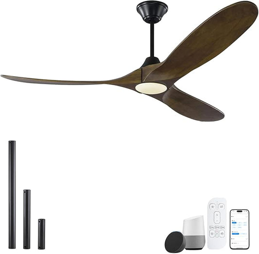 60 Inch Outdoor Ceiling Fans for Patios with Light, Smart Wood Ceiling Fan Alexa Wifi Control, Rustic Farmhouse 3 Blade Propeller Style, High CFM Quiet DC Motor, for Indoor Exterior, Black and Walnut