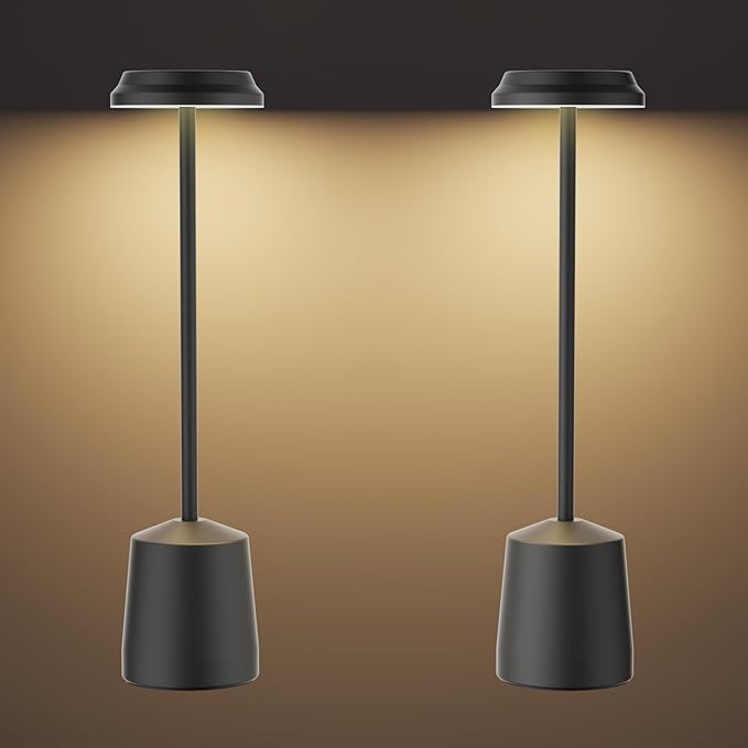 Aluminum LED Cordless Table Lamps Set of 2, Portable Rechargeable 5000mAh Battery Operated Black Table Light, 3 Color Stepless Dimming Touch Control, Desk Lamp for Dinner/Restaurant/Bars/Coffee Shop