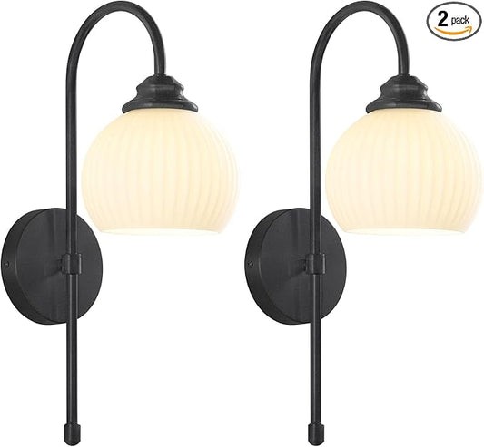 KCO Lighting Vintage Milk Glass Wall Sconce Industrial Black Globe Wall Sconce Set of 2 Mid Century Bathroom Vanity Light Frosted Glass Modern Sconces Wall Lighting