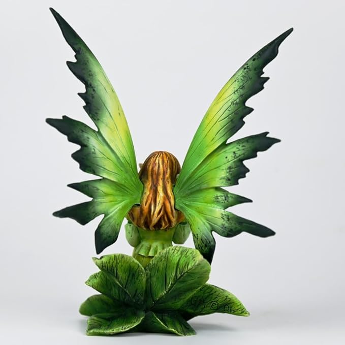 Fantasy Leaf Base Fairy Figurine, 5.9 Inch Green Elf Statue, Hand-Painted Resin Indoor Outdoor Decor for Garden, Desk, Plant Pot (Green Gradient)